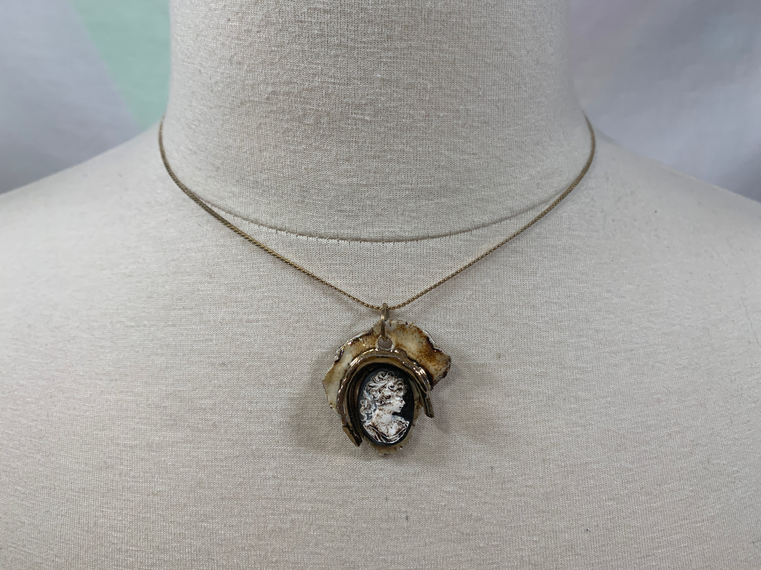 Vintage Handmade "Joyce" Cameo Necklace, Gold Tone Necklace, Spring Ring Clasp, Costume Jewelry