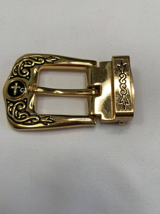 Vintage Pin Black Enamel Cross Belt Buckle, Gold Tone, Religious, 1 Inch Belt Used, Circa 1970's