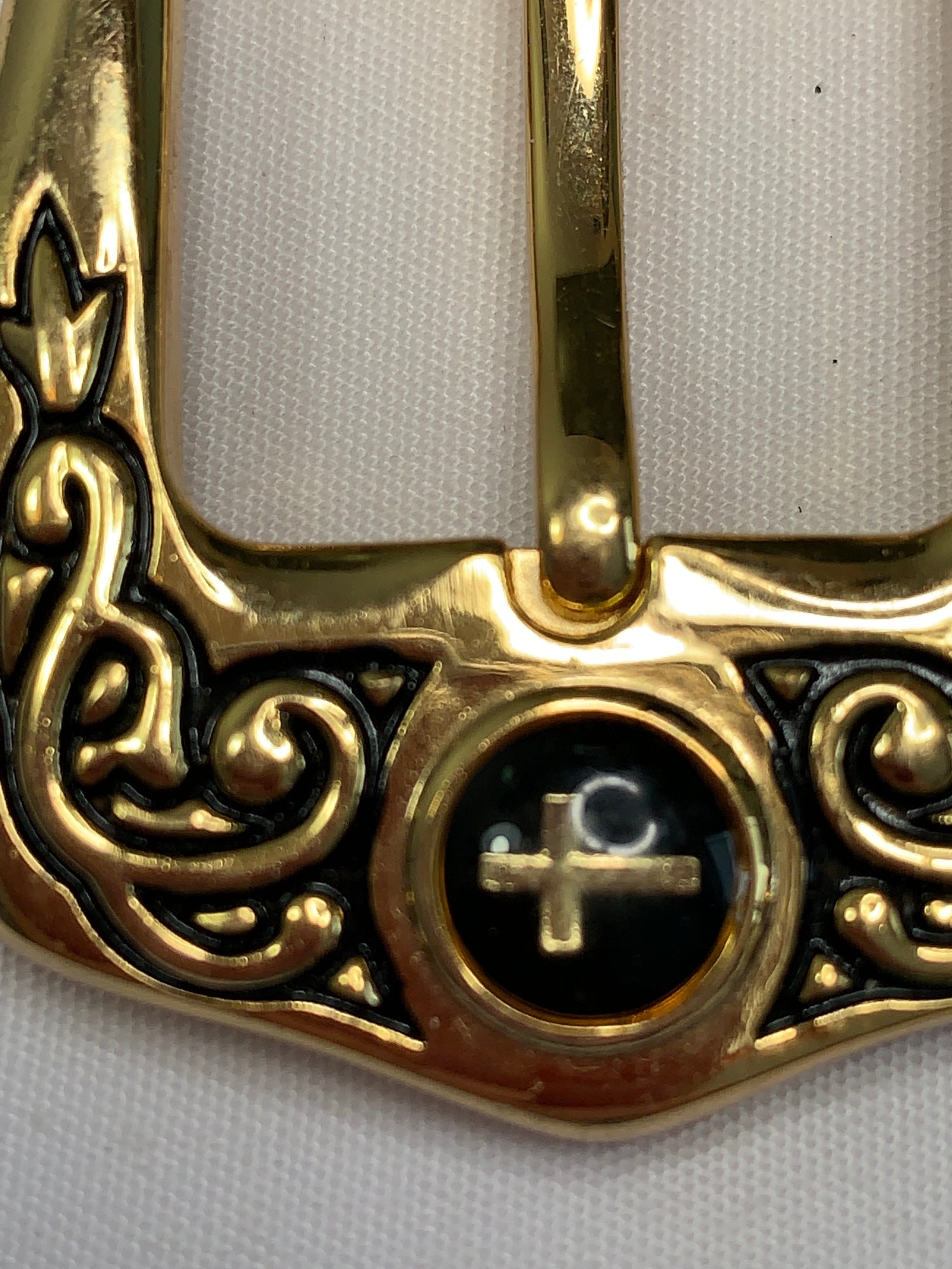Vintage Pin Black Enamel Cross Belt Buckle, Gold Tone, Religious, 1 Inch Belt Used, Circa 1970's