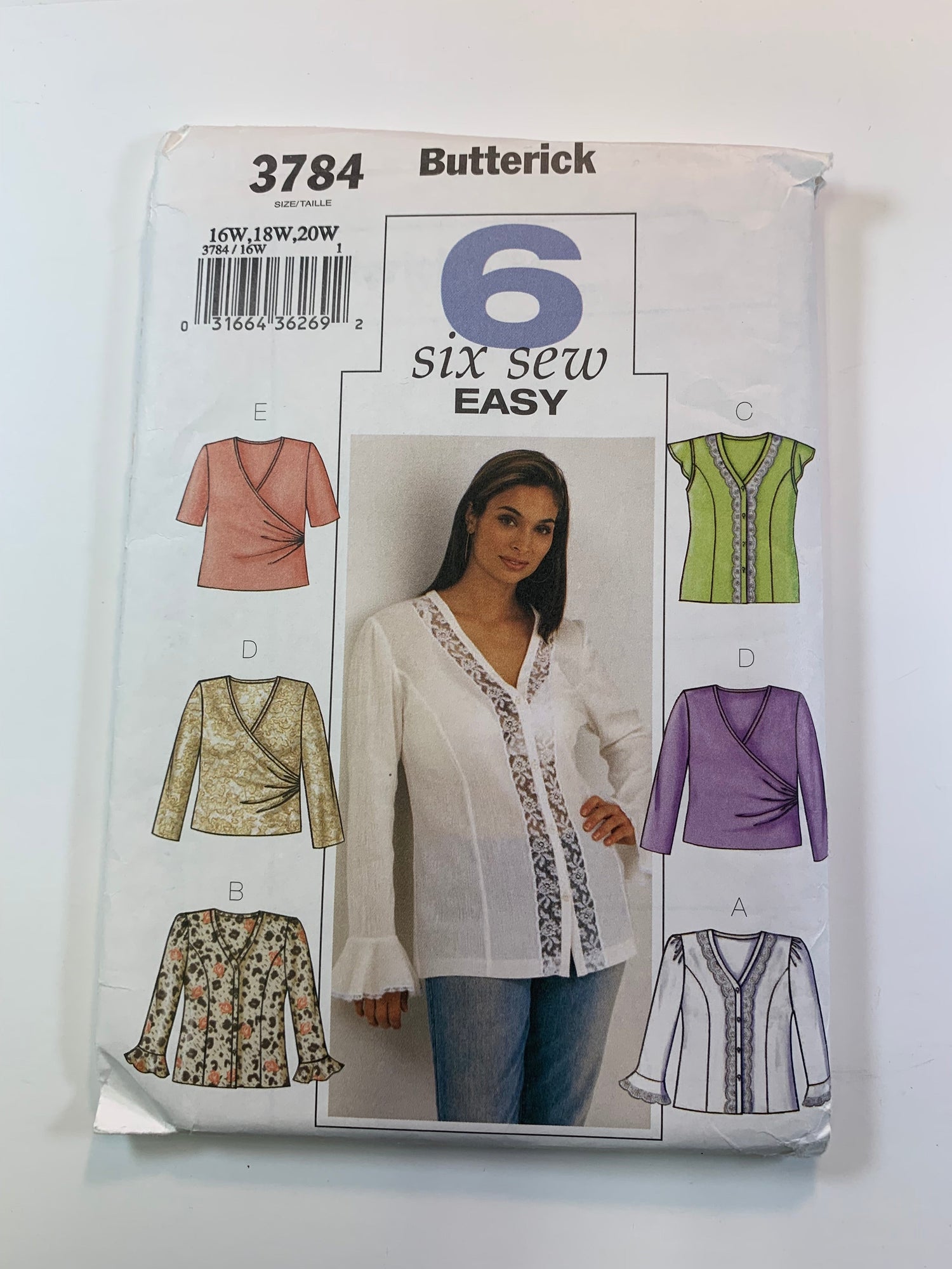 Butterick Sewing Pattern 3784 Misses' Blouse, Button Front, Wrap, Long/Short Sleeves, 6 Variations, Size 16W-20W, Uncut, 2003