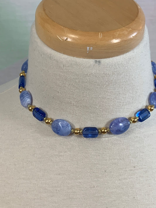 Vintage Choker Blue, Gold Beaded Necklace, Lobster Clasp, Costume Jewelry