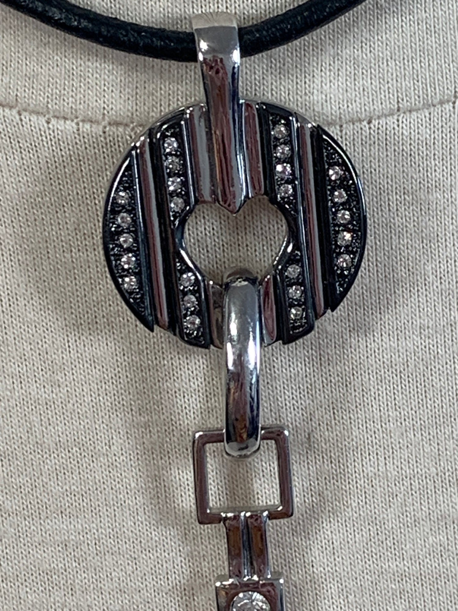 Vintage Handmade Choker Hippie Necklace, Lobster, Clasp, Silver/Black/Rhinestone Pendant, Costume Jewelry