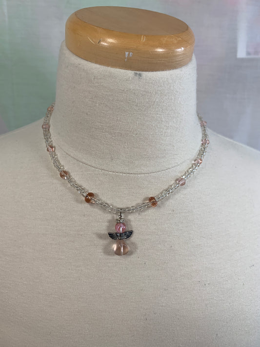 Vintage Choker Beaded Necklace, White/Pink Beads, Lobster Clasp, Silver Pink Angel Pendant, Costume Jewelry