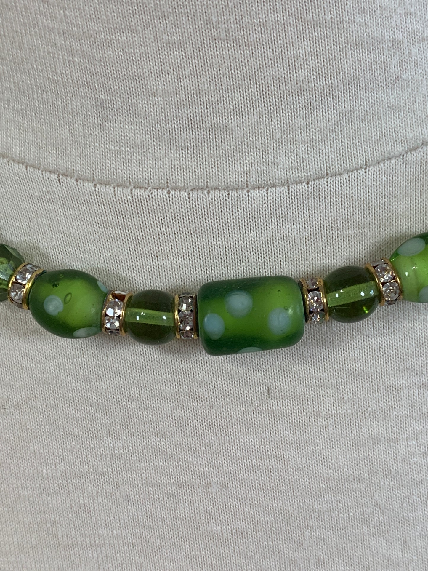 Vintage Green Beaded Necklace, Gold Tones, Lobster Clasp, Costume Jewelry Gold Beads