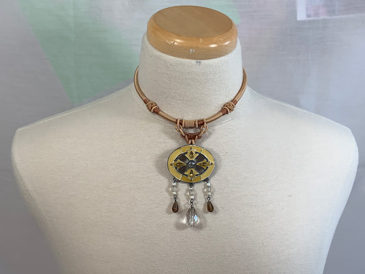 Vintage Boho Chunky Choker Necklace, Loop Closing, Yellow Cloth, Yellow Rhinestones, Bead, Egyptian Style Costume Jewelry