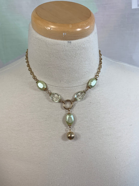 Vintage Choker Seafoam Green Necklace, Lobster Clasp, Clear Beads, Gold Tone, Costume Jewelry