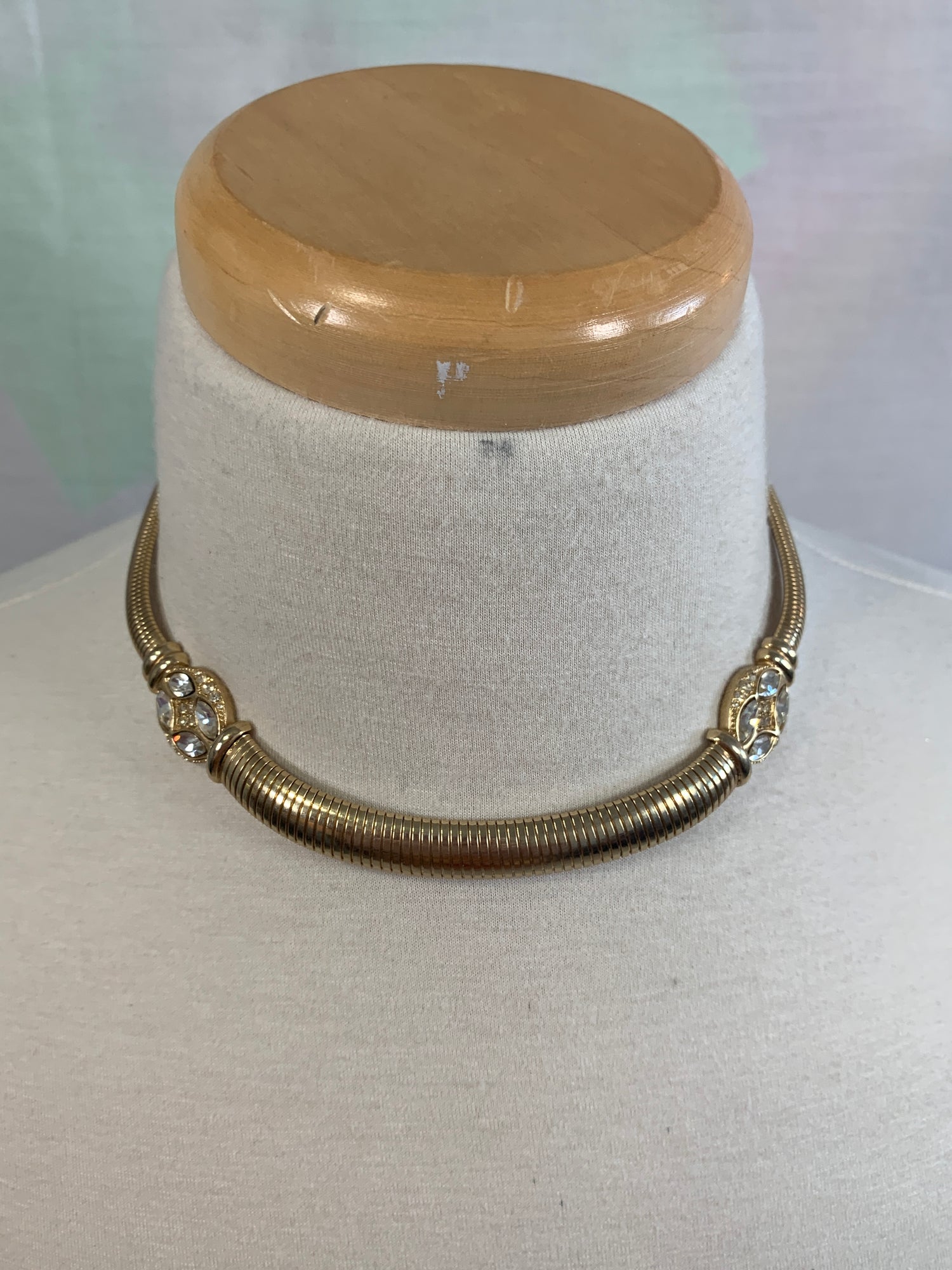 Vintage Delicate Choker Necklace, Clear Rhinestones, Gold Tone Necklace, Fold Over Clasp, Costume Jewelry