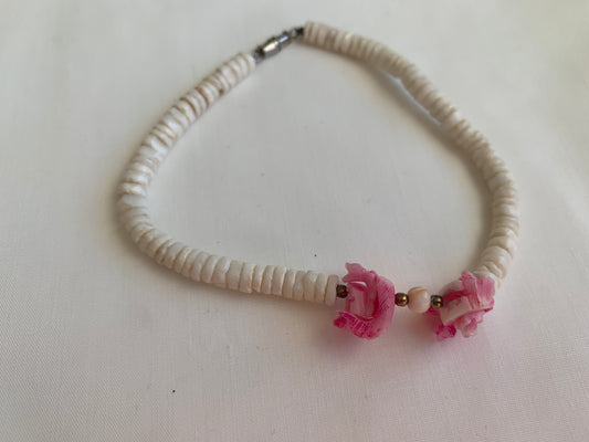 Ankle Bracelet, White and Pink Abstract Beads, Silver Screw Clasp