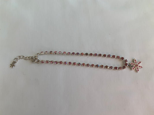 Avon Pink Rhinestone Ankle Bracelet, Flower, Lobster Claw Clasp, Silver Toned