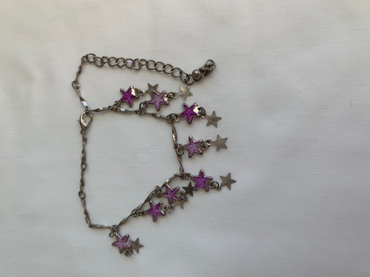 Purple Star Ankle Bracelet, Silver Toned, Silver Stars Lobster Claw Clasp, Adjustable