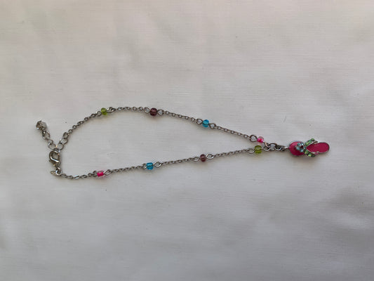 Avon Pink Rhinestone Ankle Bracelet, Flower, Lobster Claw Clasp, Silver Toned