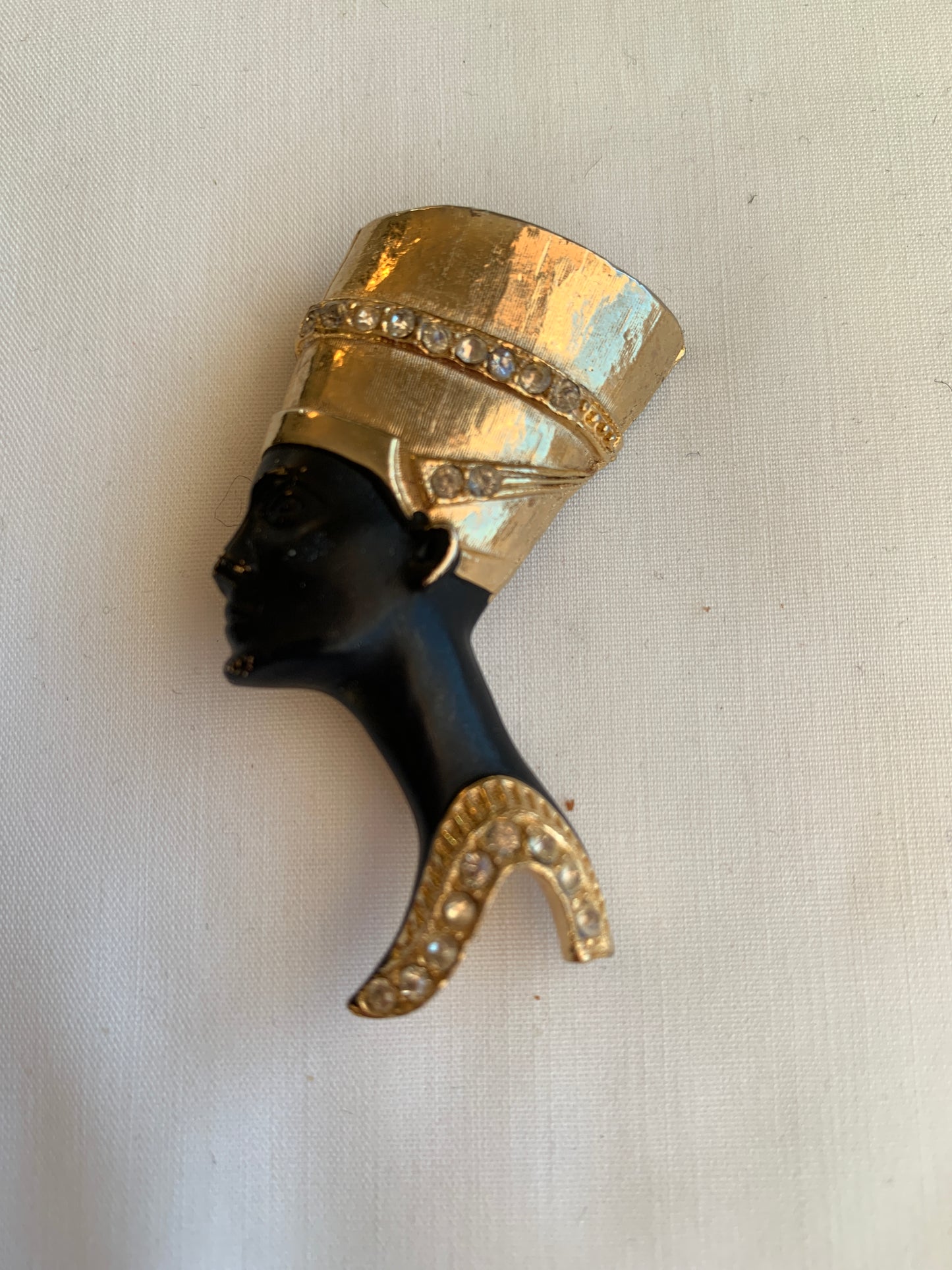 Egyptian Head Brooch, Black and Gold Tones, Rolled Safety Pin Closing, Clear Rhinestones