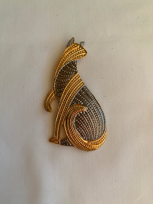 Cat Brooch Silver/Gold Tones, Rolled Safety Pin Closing, Textured