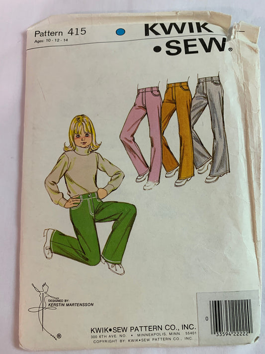 KWIK Sewing Pattern 415 Girls' Jeans, Pockets, Zipper Front, Belt Loops, 3 Leg Variations, Size 10-14, Uncut, Vintage 1998