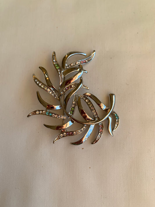 Leaf Brooch, Clear/Blue/Pink/Green Rhinestones, Silver Toned, Rolled Safety Pin Closing, Textured