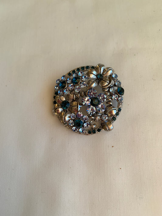 Silvertone Blue Rhinestoned Round Pin/Brooch, Rolled Safety Pin Closing, Textured, Elegant