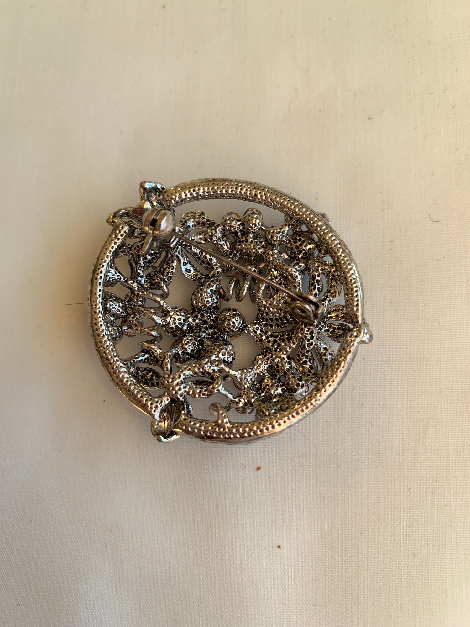 Silvertone Blue Rhinestoned Round Pin/Brooch, Rolled Safety Pin Closing, Textured, Elegant