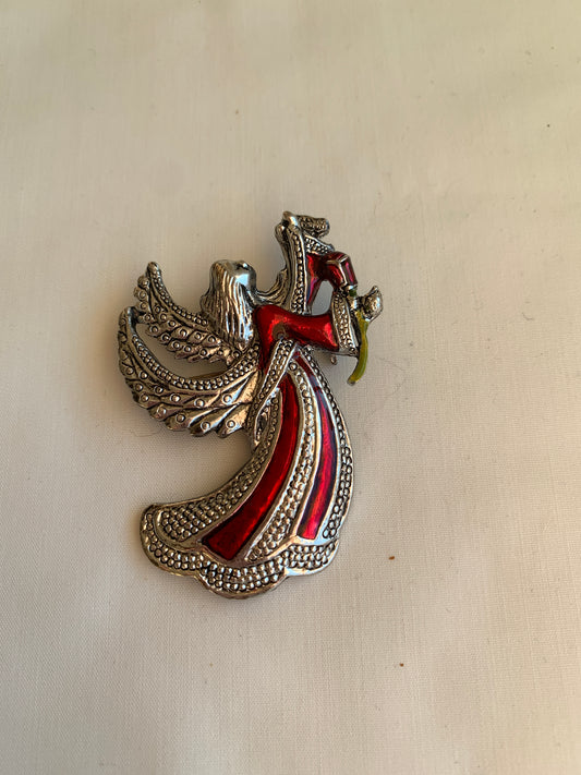Silvertone Angel Pin/Brooch, Red/Green Accents, Rolled Safety Pin Closing, Textured