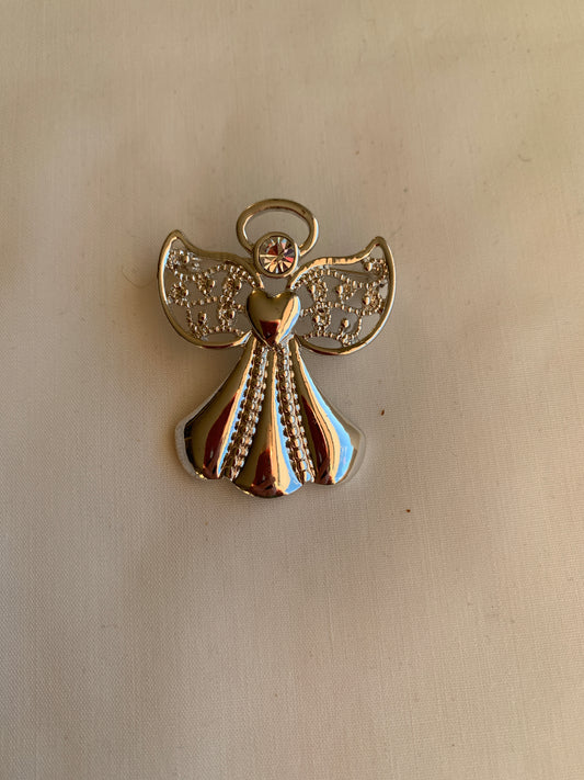 Silver Angel Brooch, Clear Rhinestones, Rolled Safety Pin Closing, Textured