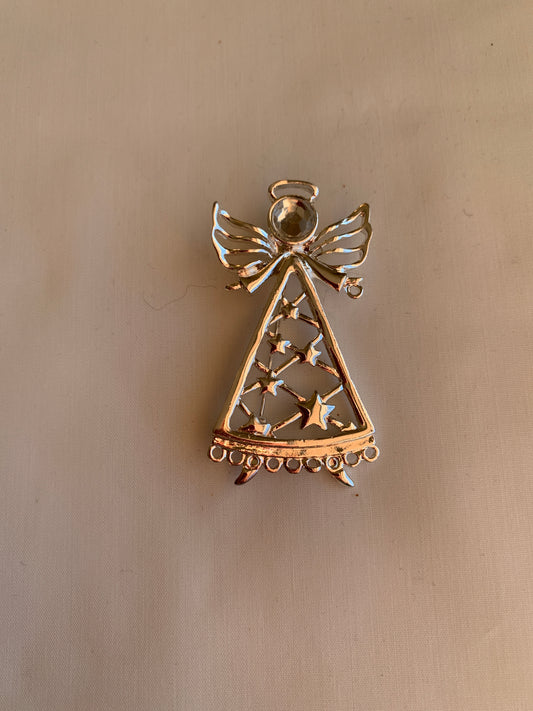 Silver Angel Brooch, Clear Rhinestones, Rolled Safety Pin Closing, Textured