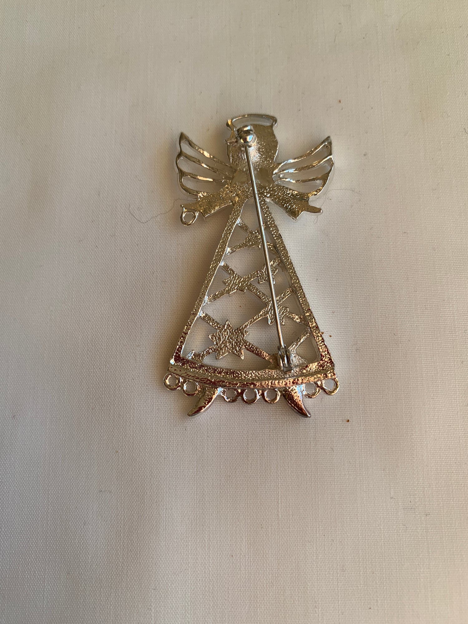 Silver Angel Brooch, Clear Rhinestones, Rolled Safety Pin Closing, Textured