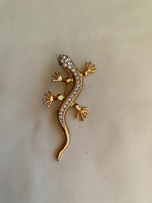 Clear Rhinestone Lizard Pin, Green Eyes, Rolled Safety Pin Closing, Gold Tone