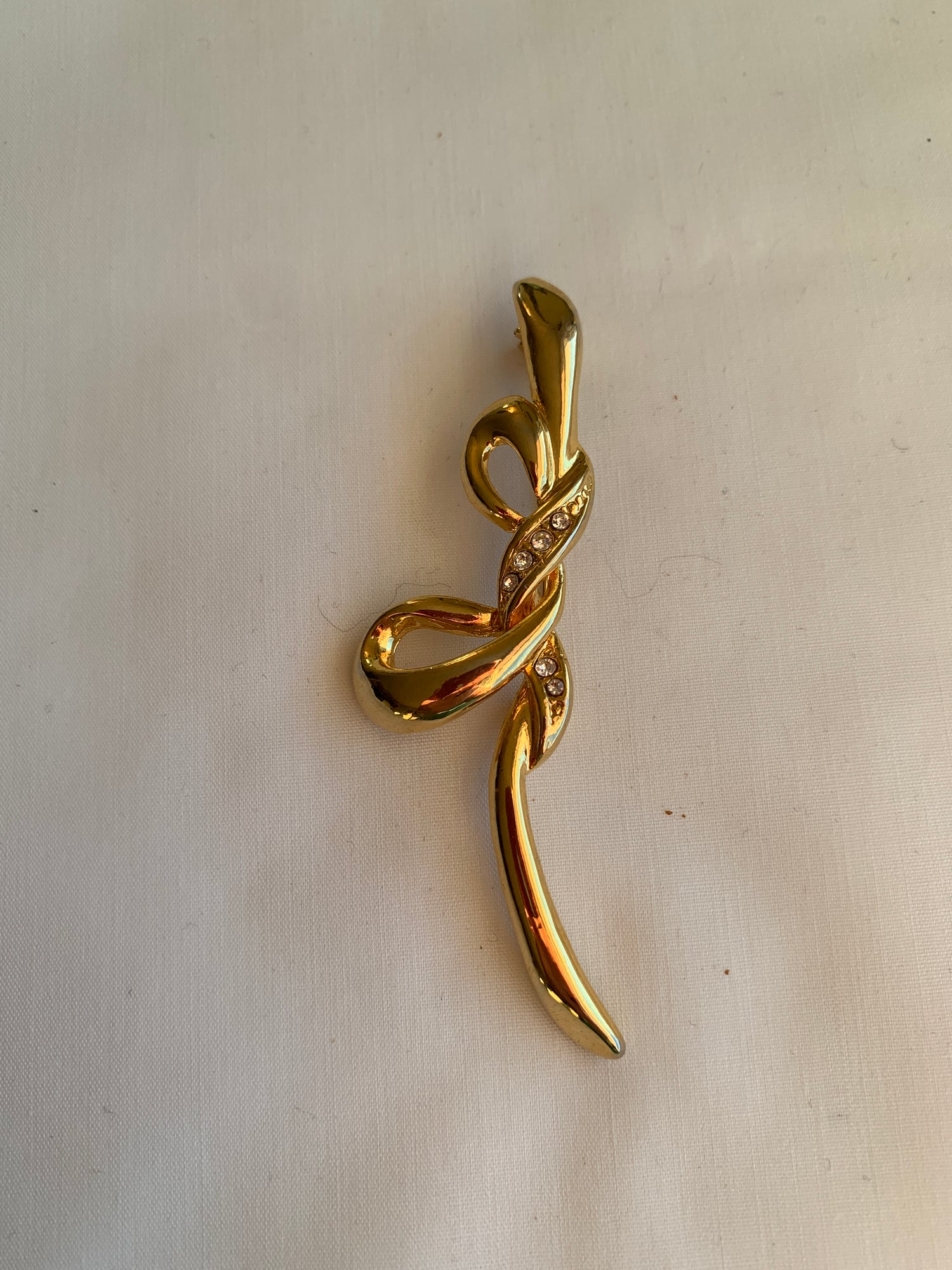 Clear Rhinestone Ribbon Bow Brooch, Abstract, Rolled Safety Pin Closing, Gold Tone 