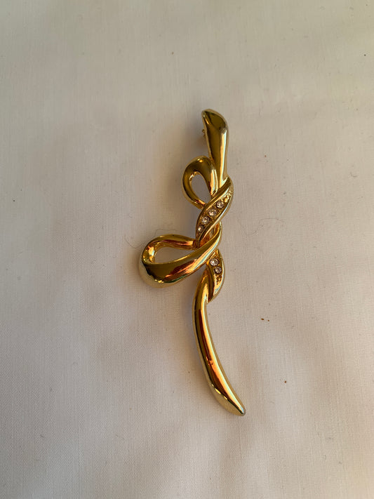 Clear Rhinestone Ribbon Bow Brooch, Abstract, Rolled Safety Pin Closing, Gold Tone