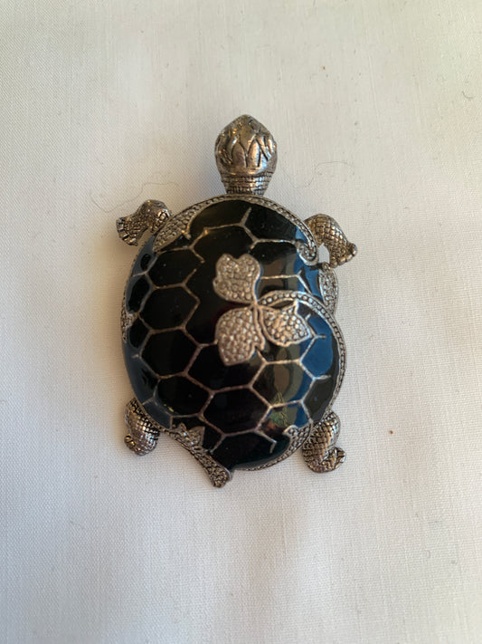 Turtle Pin Black/Silver Tones, Rolled Safety Pin Closing,