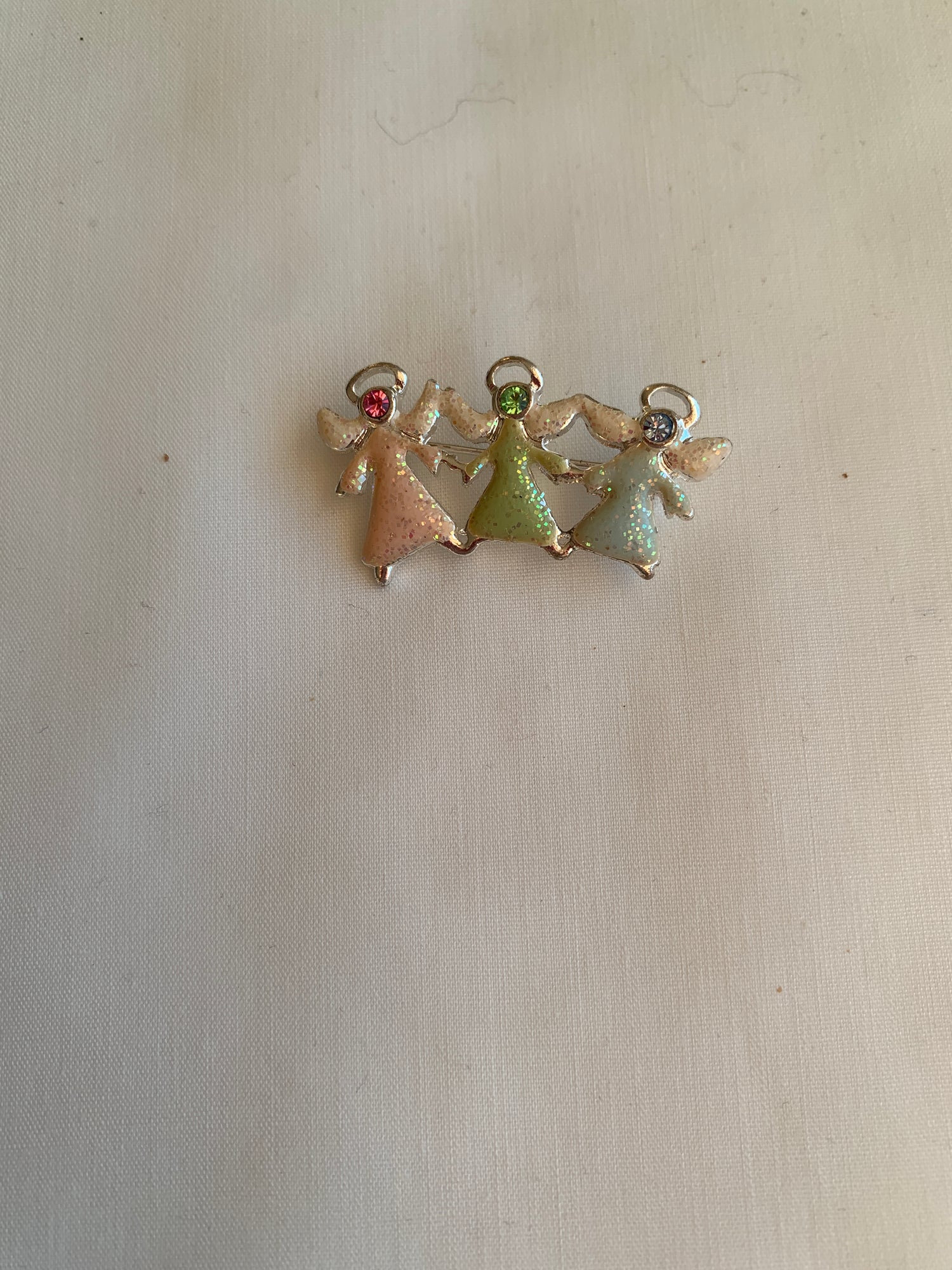 Three Angels, Pink, Green, Blue, Rolled Safety Pin Closing, Silver Toned