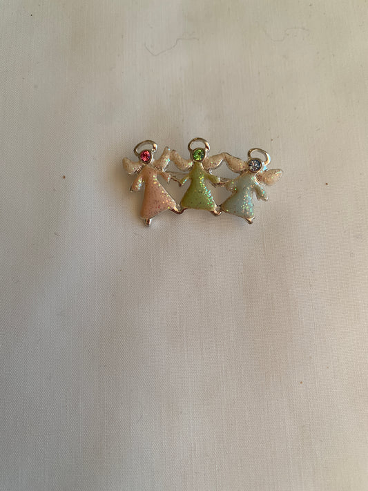 Three Angels, Pink, Green, Blue, Rolled Safety Pin Closing, Silver Toned