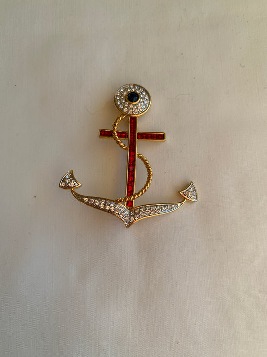 Butler Anchor Brooch, Red, Blue, Clear Rhinestones, Rolled Safety Pin Closing, Gold Tone