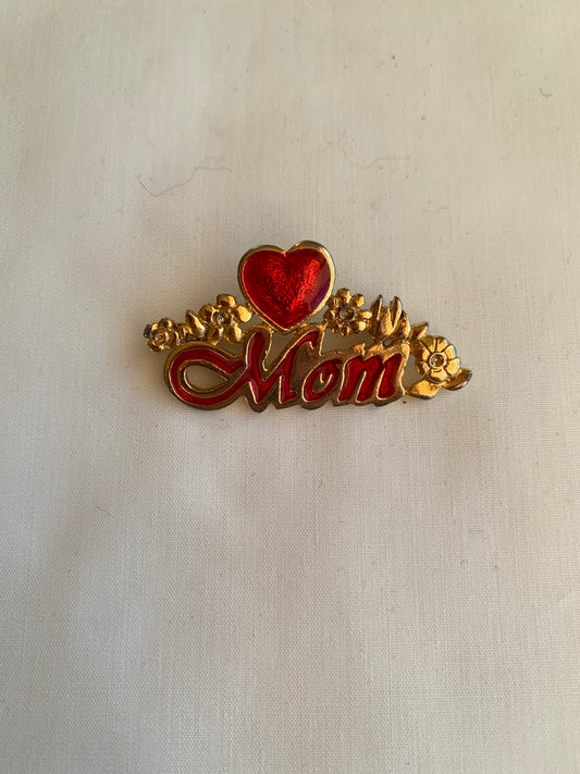 Mom Pin, Red Heart, Flowers, Rolled Safety Pin Closing