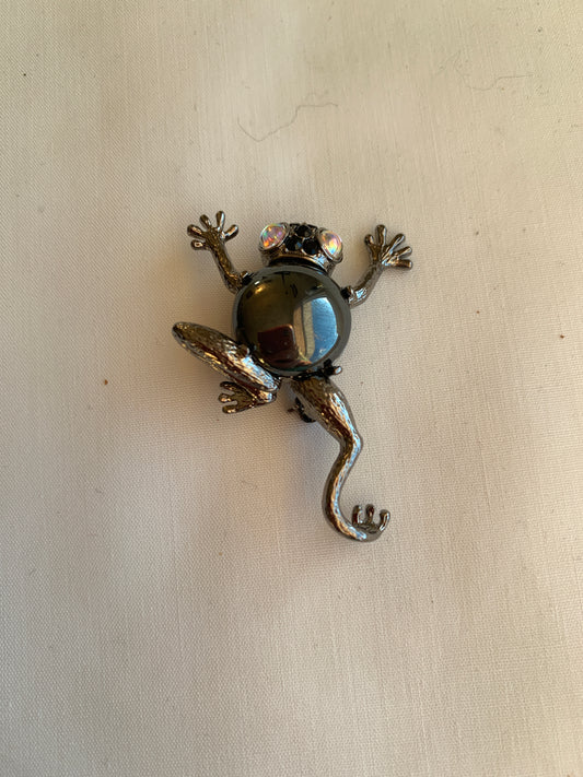 Frog Pin, Clear Rhinstone Eyes, Black Stone, Silver Tones,Rolled Safety Pin Closing