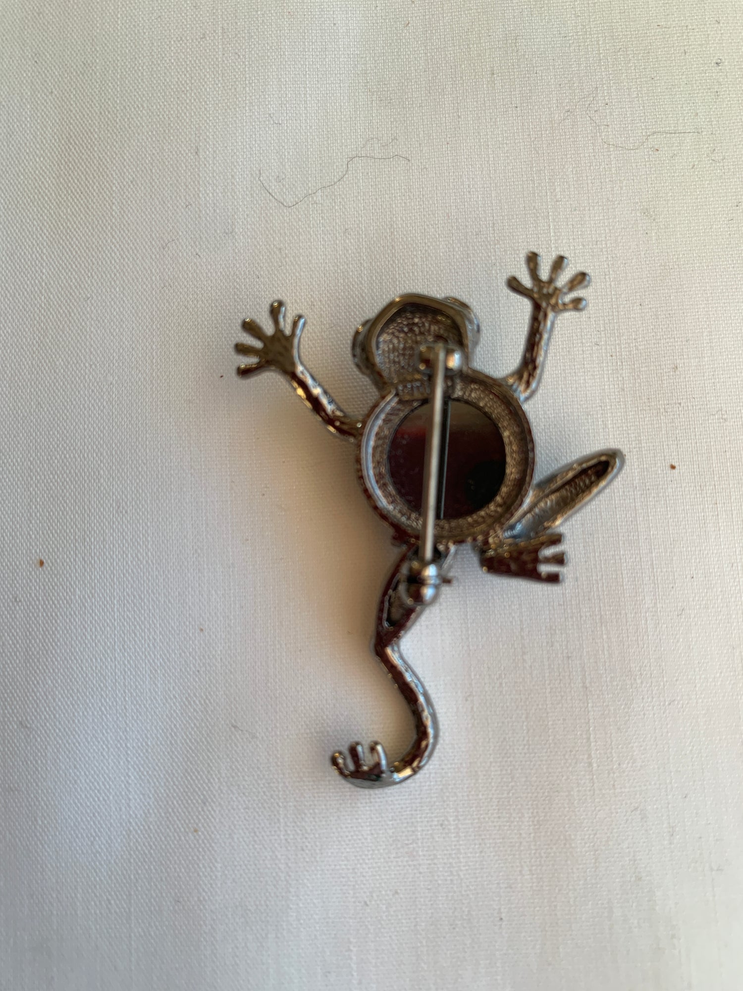 Frog Pin, Clear Rhinstone Eyes, Black Stone, Silver Tones,Rolled Safety Pin Closing