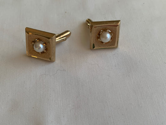 Men's Cuff Links, Gold Toned, White Bead
