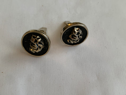 Men's Cufflinks, Round Black Abstract Design, Gold Toned,