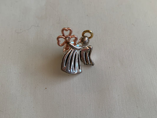 Angel with Glover Leaf Pin, Pin Closing, Clear Rhinestones, Gold/Silver Tone