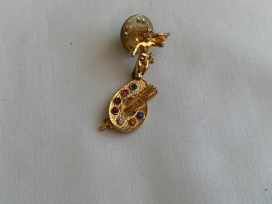 Cherub Angel Painters Palette Pin, Pin Closing, Colored Rhinestones, Gold Tone