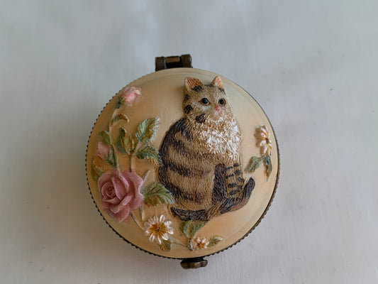 Round Hinged Kitten Trinket Box, Copper Toned Hinge, Flower Accents, Mirror