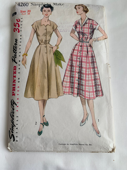 Simplicity Sewing Pattern 4260 Misses' One-Piece Dress, Short Sleeves, Pockets, Flared, Button Front, Size 20, Cut, Vintage 195