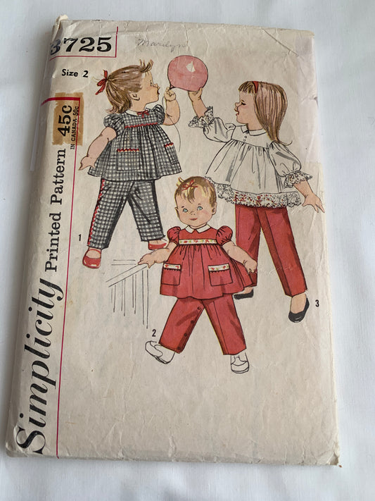 Simplicity Sewing Pattern 3725 Toddlers' Top, Pants, Long/Short Sleeves, Elastic Waist, Suspenders, Size 2, Cut, Vintage 1949