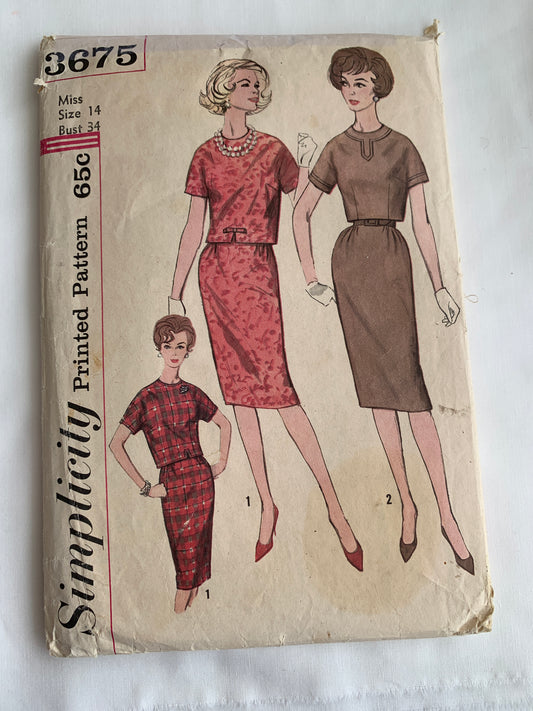 Simplicity Sewing Pattern 3675 Misses'/Junior Skirt, Tops, Short Sleeves, Two Lengths, Side Zipper, Size 14, Cut, Vintage 1960