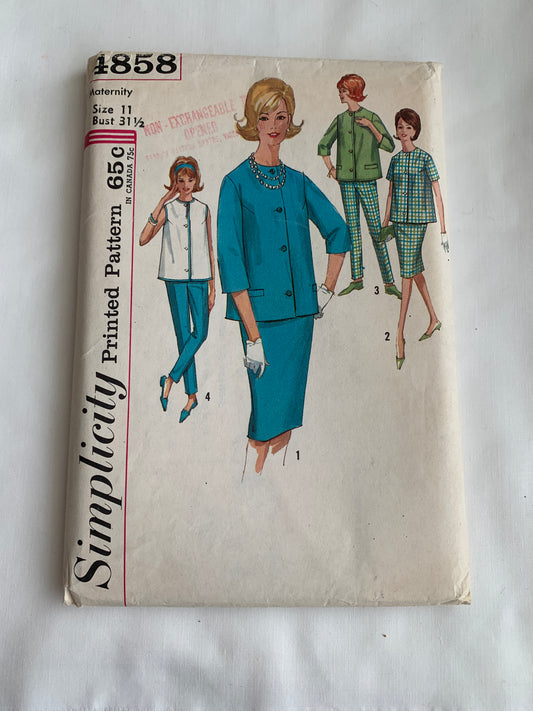 Simplicity Sewing Pattern 4858 Misses' Maternity Blouse, Tops, Pants, Skirt, Junior, Long/Short Sleeves, Sleeveless, Size 11, Cut, Vintage 1960