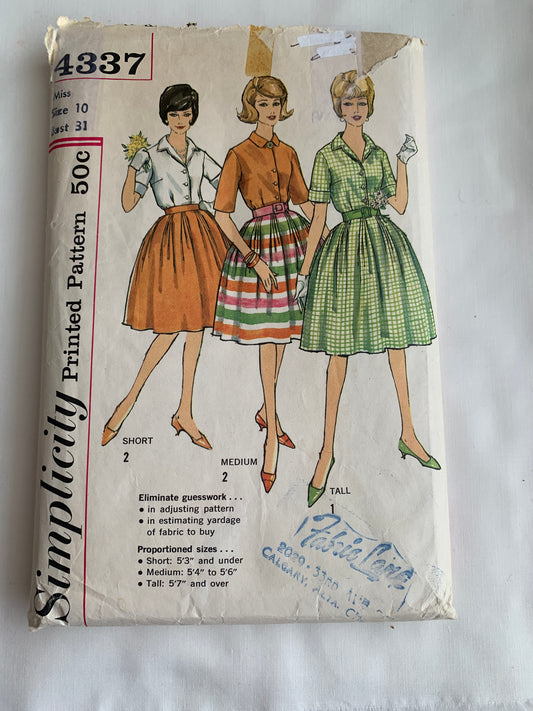 Simplicity Sewing Pattern 4337 Misses' Top, Blouse, Skirt, Button Front, Zipper Back, Size 10, Cut, Vintage 1955