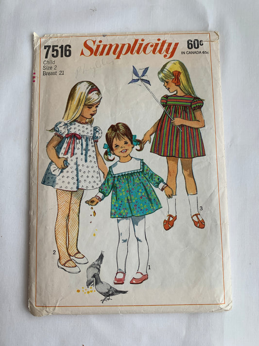 Simplicity Sewing Pattern 7516 Toddlers' Dress, Zipper Back, Long/Short Sleeves, Collar, Size 2, Cut, Vintage 1967