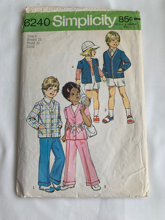 Simplicity Sewing Pattern 6240 Toddlers' Cardigan, Two Lengths, Long/Short Sleeves, Detachable Suspenders, Pants, Button Front, Elastic Waist, Size 4, Cut, Vintage 1974