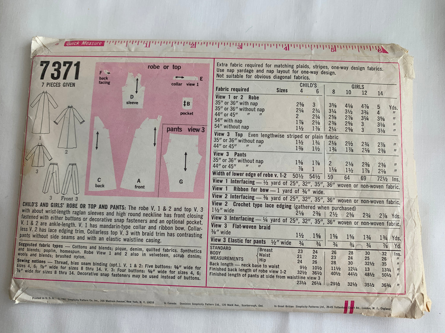 Simplicity Sewing Pattern 7371 Girls' Sleepwear, Housecoat, Robe, Top, Pants, Long Sleeves, Pockets, Button Front, Size 6, Cut, Vintage 1967