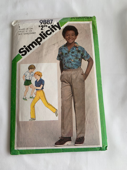 Simplicity Sewing Pattern 9887 Boys' Shirt, Pants, Shorts, Elastic Waist, 2 Lengths, Pockets, Size 8, Cut, Vintage 1980