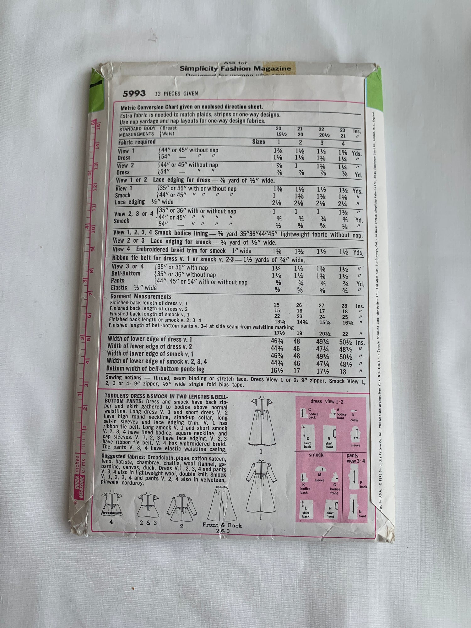 Simplicity Sewing Pattern 5993 Toddlers' Dress, Smock, Two Lengths, Bell-Bottom Pants, Zipper Back, Elastic Waist, Size 3, Cut, Vintage 1973